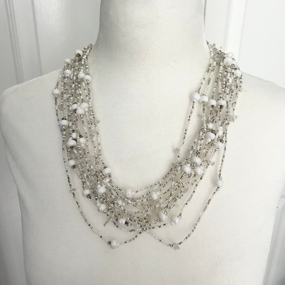 Multistrand white and clear seed bead magnetic closure statement necklace